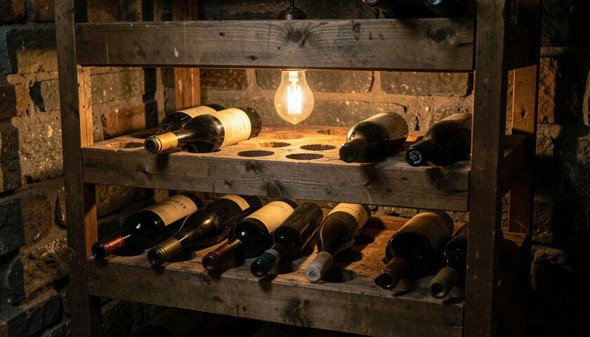 Bottles stored neck-down in a wooden riddling rack lit by one warm bulb